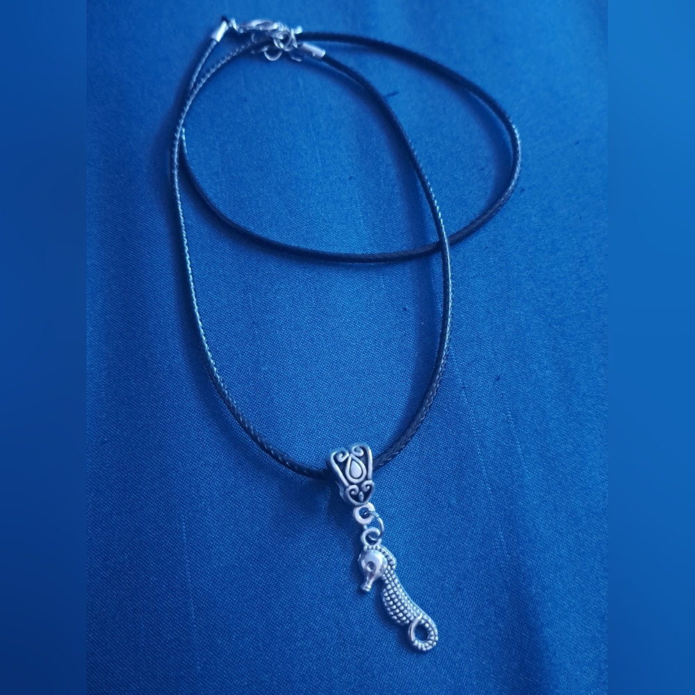 Silver Seahorse Pendant on Black Cord Necklace